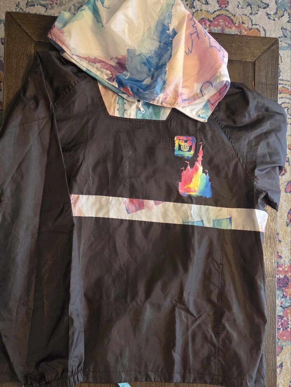 Disney Black Windbreaker with Multicolor Rainbow Logo and Pastel Tie-Dye Hood